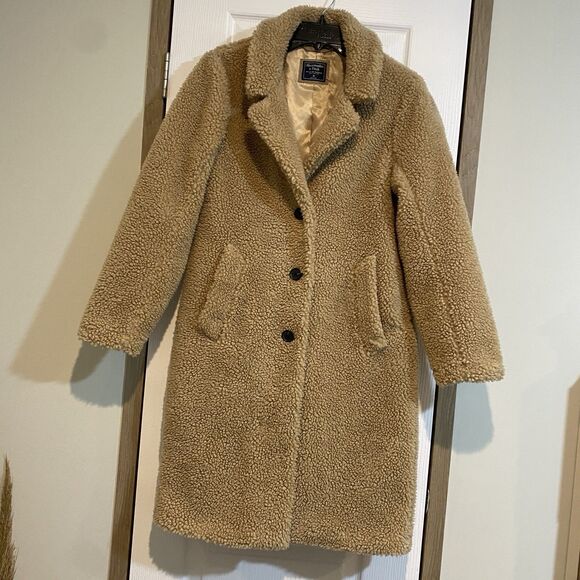 Abercrombie And Fitch Tan Teddy Sherpa Coat Jacket Mid Length Size Medium Cozy - Picture 1 of 8